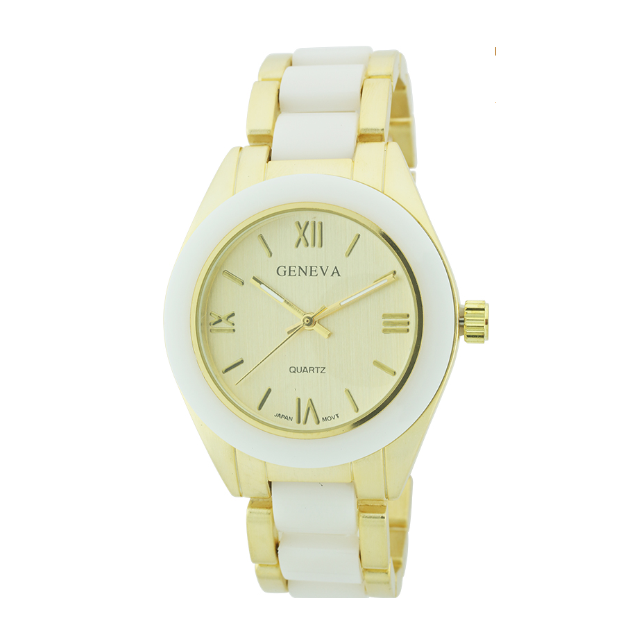 Round Face Plastic and Metal Link Watch.（Gold）