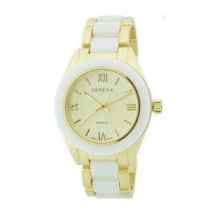 Round Face Plastic and Metal Link Watch.（Gold）