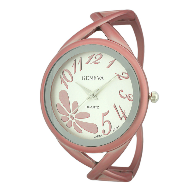 Round Face Cuff Watch With Flower on Left Corner