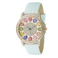 ROUND FACE AND MULTIPLE COLOR STONES ON DIAL, GENUINE LEATHER BAND LADY WATCH.