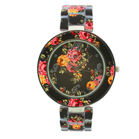 Round Face Floral Print Ceramic Look Link Watch