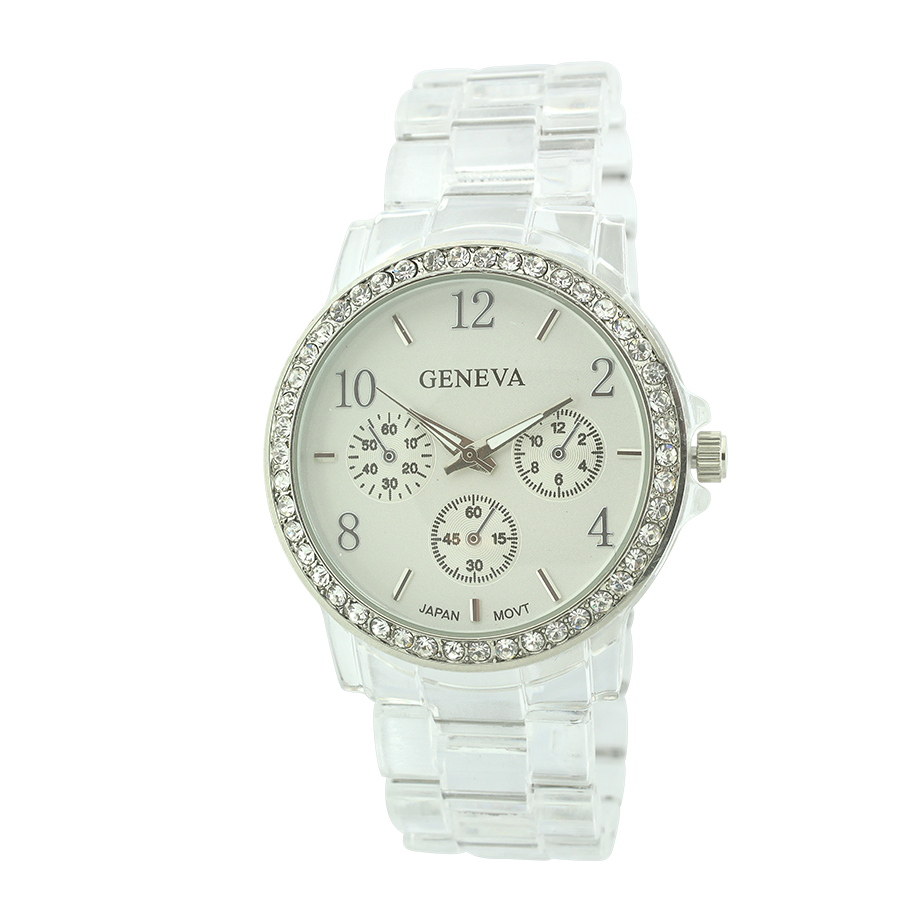 Round Face with Stones Plastic Link Watch(silver)