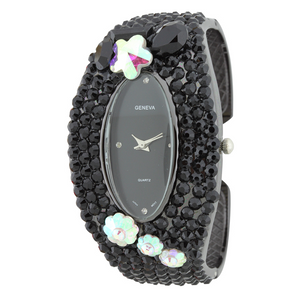 GLITTER CRYSTAL STONES OVAL FACE FLOWER STONE CUFF WATCH COLLECTION