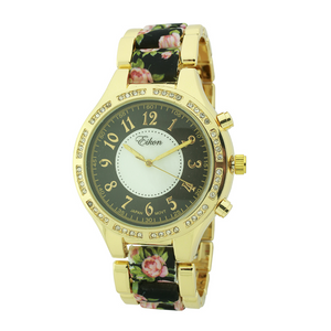 Round Face Arabic Link Watch With Flower Print(Gold)