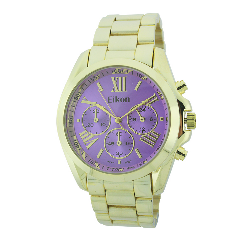 Round Face Roman Numeral Lady Link Watch With 3 Eyes(Gold)