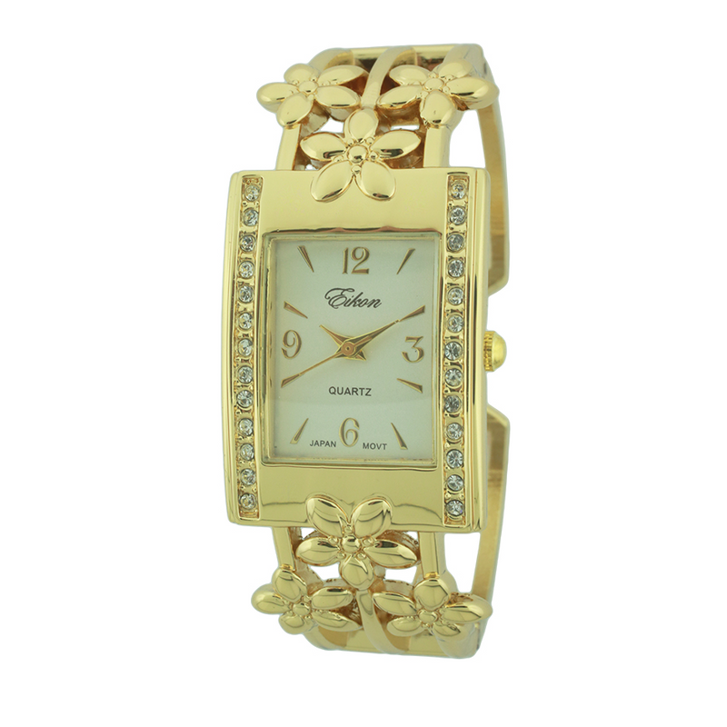Rectangle Face Cuff Watch with Flower Shape Print
