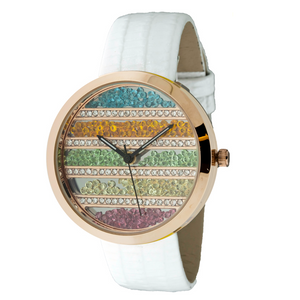 ROUND FACE AND MULTIPLE COLOR FALLING STONES IN DIAL, GENUINE LEATHER BAND LADY WATCH.