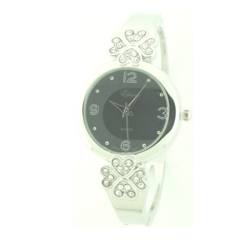 Round Face Arabic & Heart with Crystals Stones Cuff Watch.