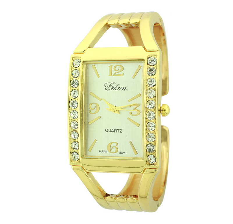 Rectangle Face Arabic & Stick Cuff Watch With Stones Around Dial.