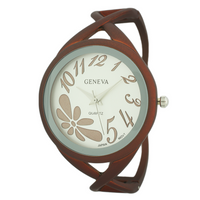 Round Face Cuff Watch With Flower on Left Corner