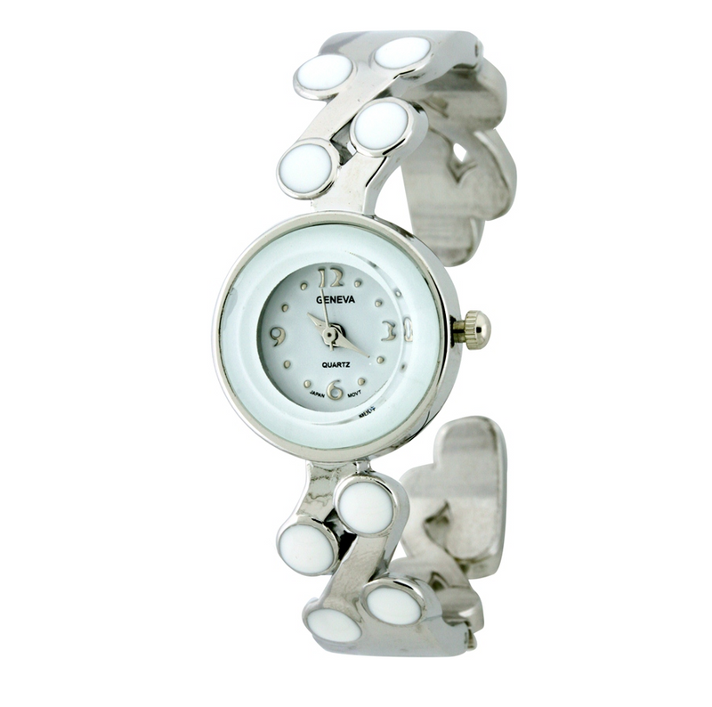 SMALL ROUND FACE CUFF WATCH WITH DOTS SOLID COLOR ON BAND.
