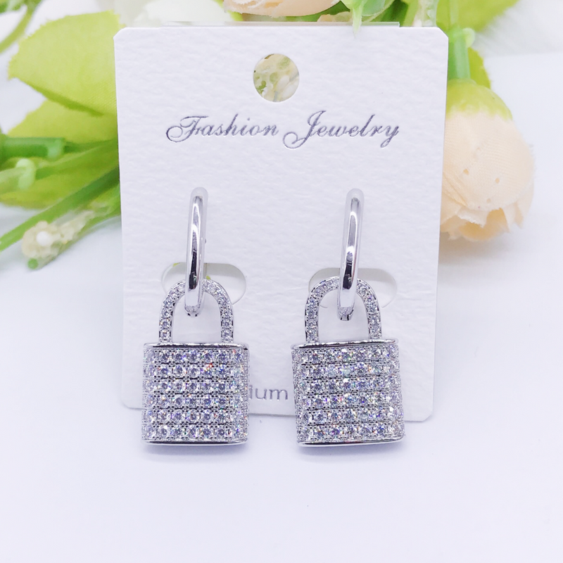"lock" C.Z Rhodium Plated Crystal Earring