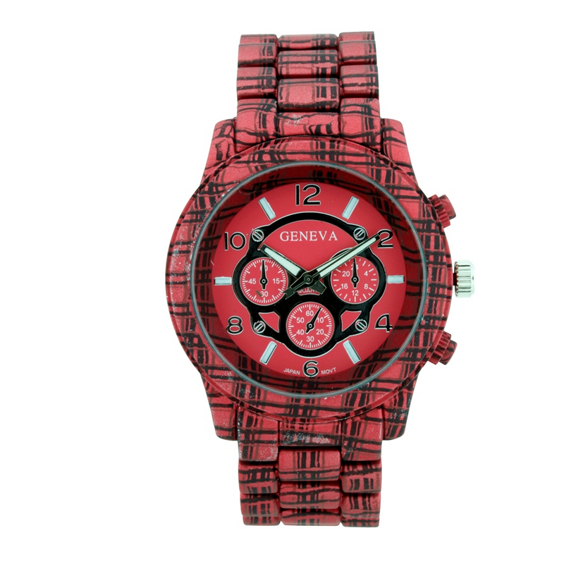 LARGE ROUND FACE MATTE FINISH PLAID PATTERN METAL LINK WATCH