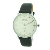 Round Face Men Watch Genuine Leather Band with Date(Silver face)
