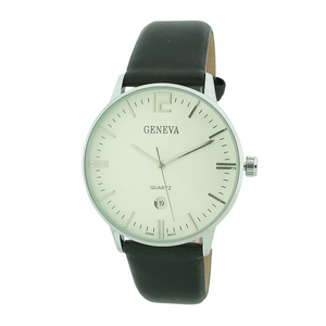 Round Face Men Watch Genuine Leather Band with Date(Silver face)