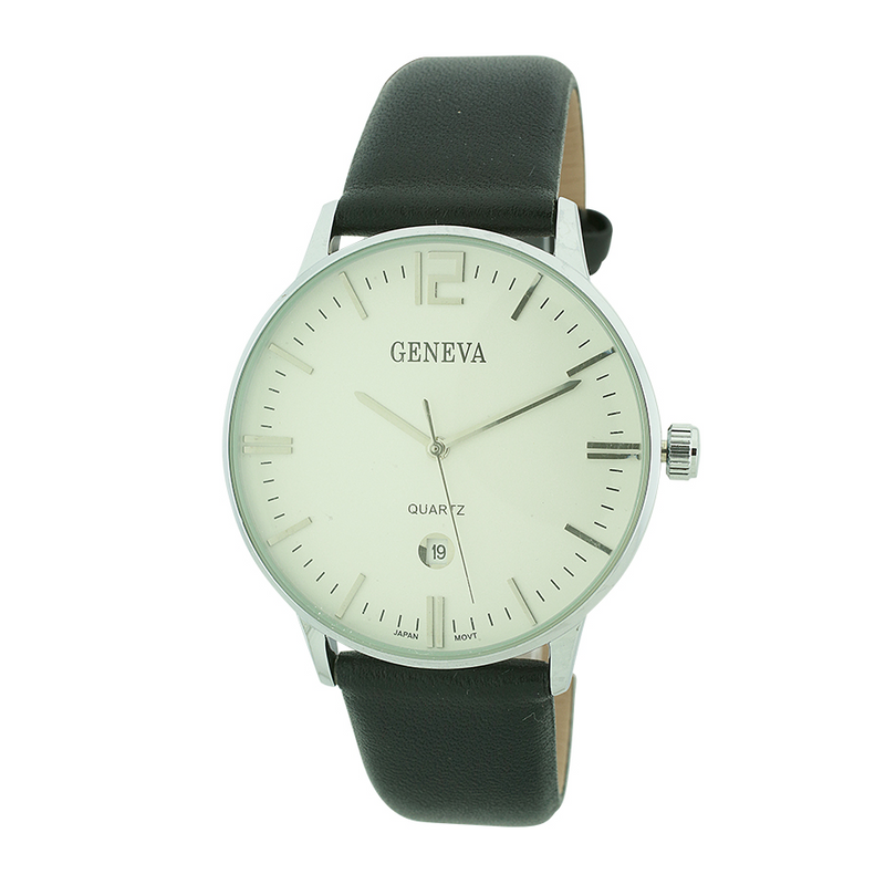 Round Face Men Watch Genuine Leather Band with Date(Silver face)