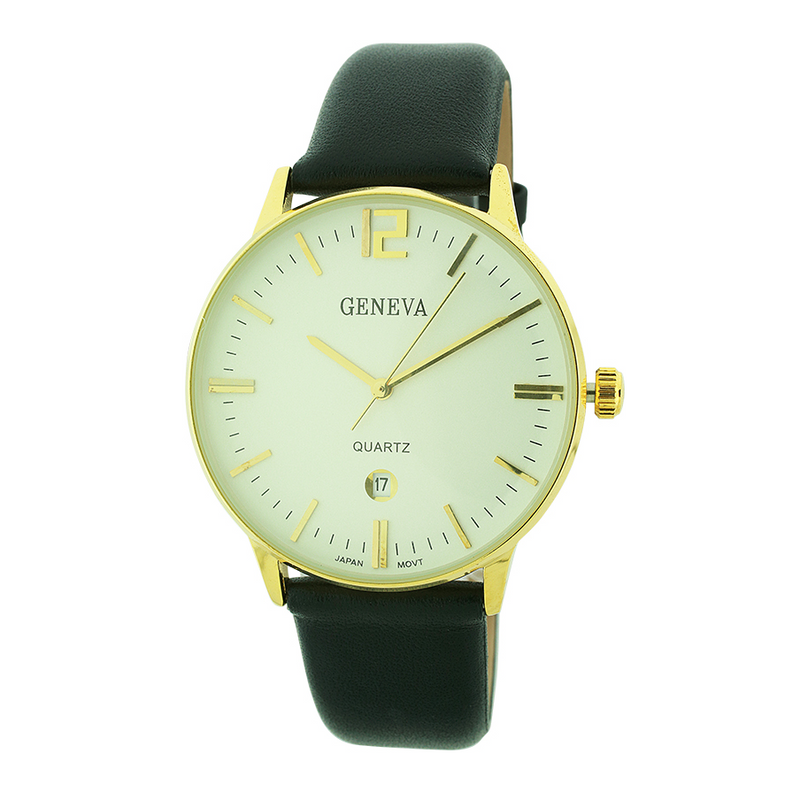 Round Face Men Watch Genuine Leather Band with Date(Gold face)