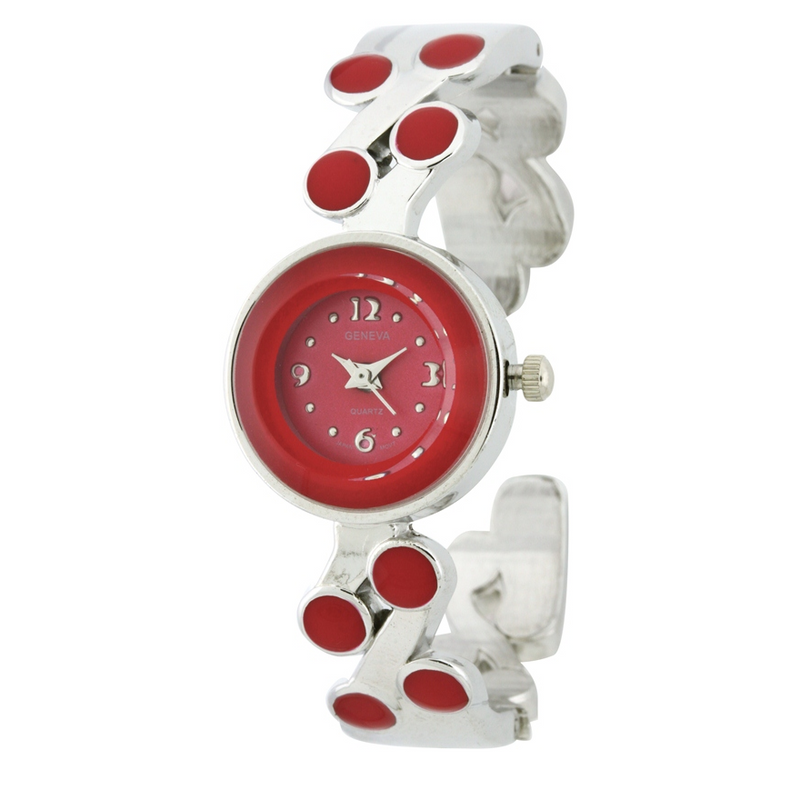 SMALL ROUND FACE CUFF WATCH WITH DOTS SOLID COLOR ON BAND.