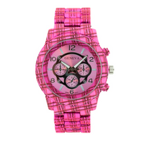 LARGE ROUND FACE MATTE FINISH PLAID PATTERN METAL LINK WATCH