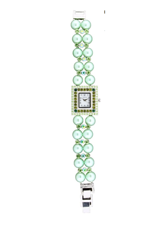 SQUARE FACE WITH CRYSTAL AROUND, 2 ROWS OF PEARLS BRACELET WATCH