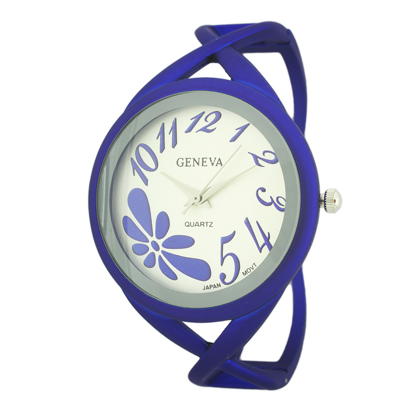 Round Face Cuff Watch With Flower on Left Corner