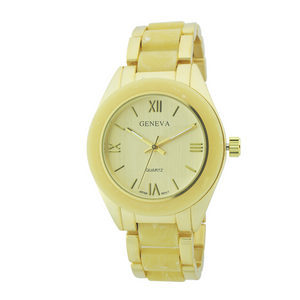 Round Face Plastic and Metal Link Watch.（Gold）